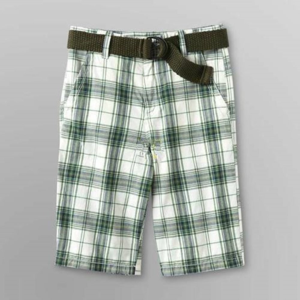 Route 66 Shorts 8 Boys Adjustable Waist Green Plaid Belted Summer 4 Pocket